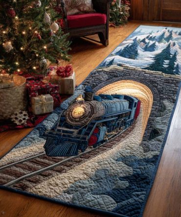 Winter Express Train Runner Rug - Festive Holiday Hallway Carpet With Non-Slip Backing, Durable Plush Pile Ideal For Entryway & Stairs