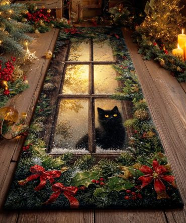 Winter Hearth Cat Runner Rug - Cozy Cat Motif Runner For Hallway & Entry, Soft Low Pile, Durable Fibers & Machine-Friendly Care