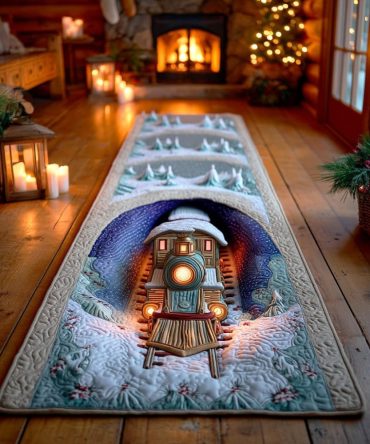 Winter Lantern Locomotive Runner Rug — Cozy Holiday Hallway Carpet, Non-Slip Stain-Resistant Indoor Accent