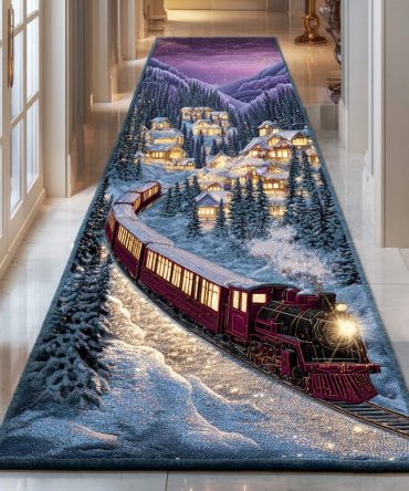 Winter Lantern Railway Runner Rug — Lantern-Lit Railway Hallway Runner, Durable Low-Pile Accent For Entryway & Narrow Hallways