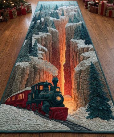 Winter Rail Wonder Christmas Runner Rug - Holiday Train Hallway Carpet With Anti-Slip Backing, Plush Soft Pile, Machine Washable Seasonal Decor