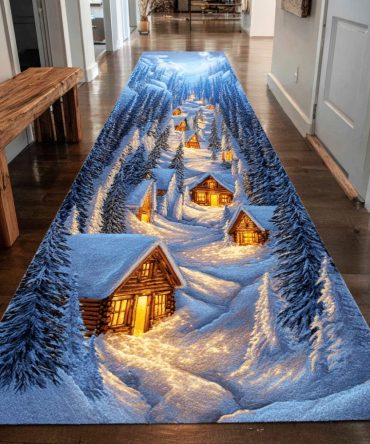 Winter Twilight Town Runner Rug — Charming Village Scene Hallway Runner, Durable Low-Pile Accent For Entryway & Stairs