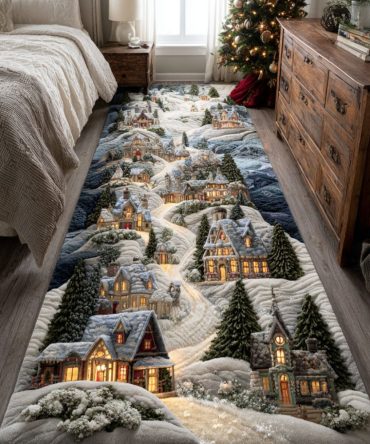 Winter Village Trail Runner Rug — Festive Snowy Town Hallway Runner For Holiday Decor, Durable Low-Pile, Non-Slip Accent