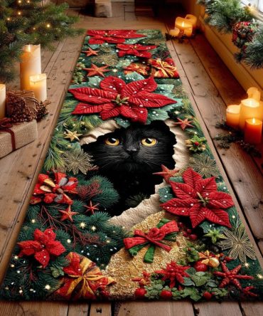 Winter Whisker Hallway Runner Rug - Cozy Cat & Snow Design Non-Slip Washable Runner For Entryways, Halls & Bedrooms