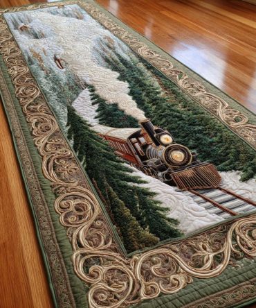 Winter Wonder Locomotive Holiday Runner Rug — Vintage Train-Themed Christmas Hallway Runner, Non-Slip, Durable Polyester, Easy Maintenance