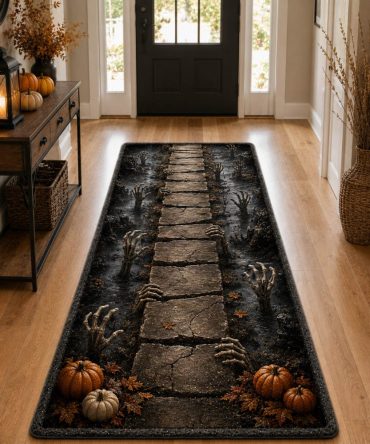 Zombie Bridge Gothic Runner Rug - Dark Accent Hallway Carpet With Distressed Detail, Durable Low-Pile Fabric & Grip Backing For Dramatic Decor