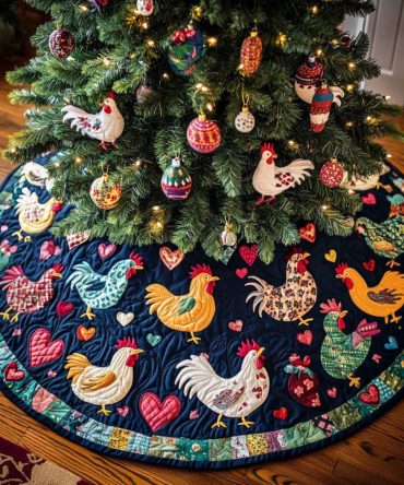 Heartfelt Hens Quilted Tree Skirt — Charming Hen Embroidery, Soft Padding & Cozy Country Christmas Base Cover For Festive Homes