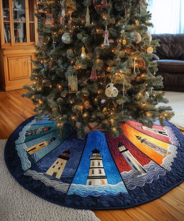 A Day Lighthouse Quilted Tree Skirt — Bright Coastal Christmas Base With Scenic Lighthouse Design And Soft Quilting Detail