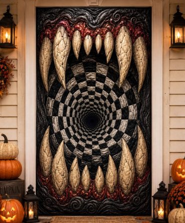 Abyss Fangs Quilted Door Cover - Dark Fantasy Door Art, Padded Halloween Decor For Indoor/Porch Display, Weather-Tough Finish, Easy-Hang