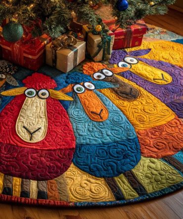 Adorable Sheep Quilted Holiday Tree Skirt — Cute Sheep Applique & Soft Quilting, Farmhouse Chic Base For Christmas Trees — Perfect Holiday Gift