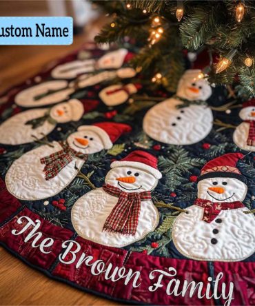 Custom Alpine Joy Quilted Christmas Tree Skirt — Personalized Name Embroidery, Cozy Mountain Holiday Tree Collar, Durable & Washable