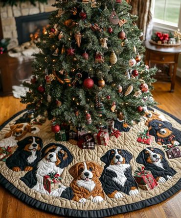 Alpine Scenic Quilted Tree Skirt — Rustic Evergreen & Snowflake Holiday Tree Base Cover For Cozy Mountain Christmas Décor