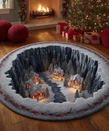Alpine Christmas Village Round Rug — Cozy Mountain Holiday Area Rug , Plush Texture, Non-Slip Backing, Durable & Easy-Care For Seasonal Decor