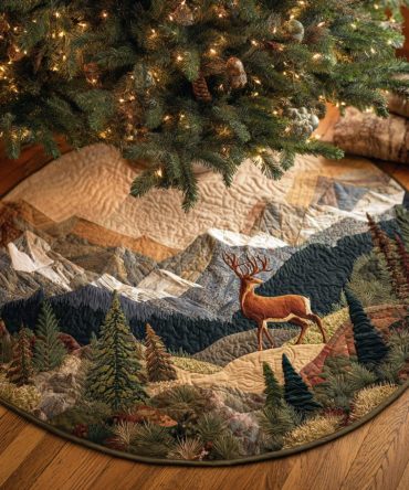 Alpine Deer Quilted Christmas Tree Skirt — Scenic Deer Design, Thick Quilting For Warmth & Protection, Classic Mountain Holiday Accent