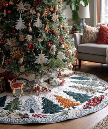Alpine Peace Quilted Christmas Tree Skirt — Calm Snowy Mountain Holiday Skirt With Embroidered Pines, Plush Layering & Lifetime Warmth Appeal