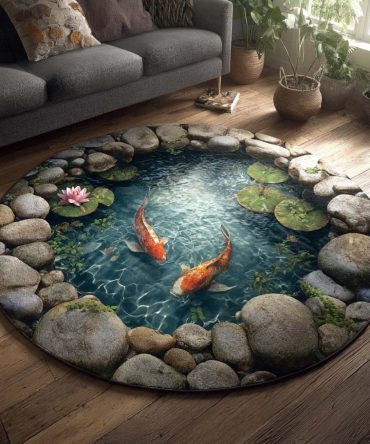 Amber Koi Ripple Rug - Round Decorative Area Rug With Amber Hues And Subtle Koi Motif, Soft Plush Texture, Easy-Care & Anti-Slip For Home
