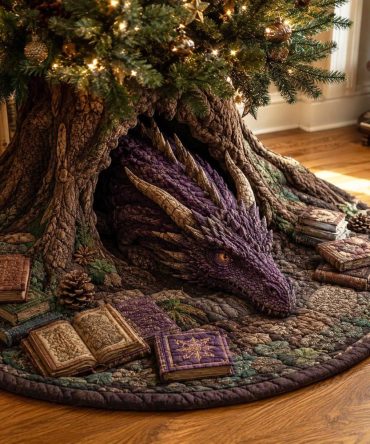 Amethyst Book Dragon Quilted Christmas Tree Skirt - Jewel-Toned Holiday Skirt, Machine-Washable Cotton, Elegant Fantasy Accent