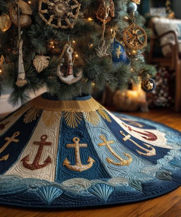 Anchor & Tinsel Quilted Tree Skirt — Sparkling Nautical Christmas Accent, Soft Insulated Layer, Reversible, Perfect For Coastal Homes