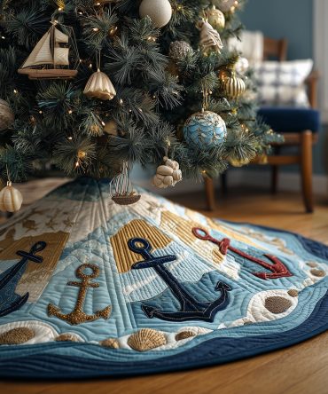 Anchored By The Sea Quilted Christmas Tree Skirt — Coastal Holiday Accent, Durable Cotton Blend, Nautical Motifs, Easy-Fit Design