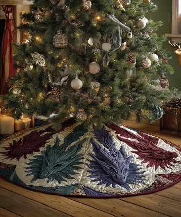 Ancient Ember Quilted Dragon Tree Skirt — Vintage-Inspired Ember Dragon Art For Classic & Fantasy Holiday Decorations