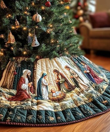 Angel Glow Quilted Christmas Tree Skirt — Illuminating Religious Design, Soft Padded Base Cover, Elegant Holiday Accent For Home & Church