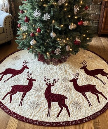 Antlered Elegance Quilted Tree Skirt — Sophisticated Antler Motif Christmas Tree Skirt For Upscale Holiday Decorating And Gift Displays