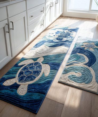Aqua Calm Plush Kitchen Runner - Non-Slip Machine-Washable Coastal Rug, Soft Low-Profile Mat For Everyday & Holiday Use
