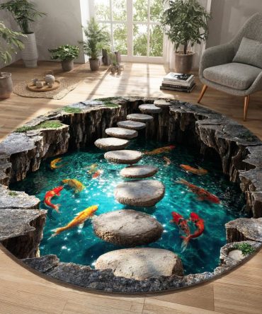 Aqua Koi Round Area Rug — Fresh Aqua Tones Koi Fish Circular Carpet For Coastal & Contemporary Interiors, Low-Maintenance & Non-Skid Backing
