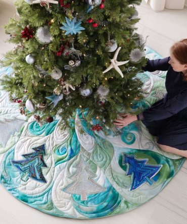 Aqua Snow Magic Quilted Tree Skirt - 60In Icy Aqua Holiday Skirt, Dreamy Quilted Winter Wonderland Décor