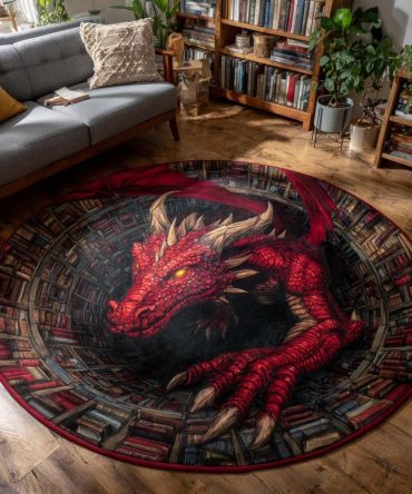 Arcane Library Dragon Round Rug - Enchanted Tome Motif Area Rug For Book Lovers, Study Corners And Collector Rooms, Soft And Durable