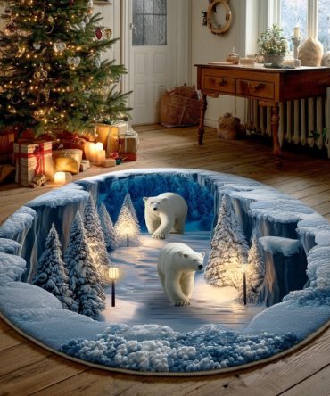 Arctic Bear Plush Round Area Rug — Cozy Winter Animal Round Carpet For Living Room, Bedroom, Nursery & Cabin Decor