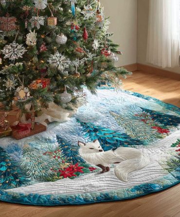 Arctic Foxwood Quilted Christmas Tree Skirt — Frosted Woodland Holiday Skirt With Fox & Pine Appliqués, Luxury Batting & Non-Slip Backing