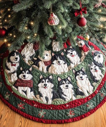 Arctic Husky Quilted Christmas Tree Skirt — Premium Winter Dog Design, Soft Quilting, Perfect Holiday Accent For Pet-Friendly Homes