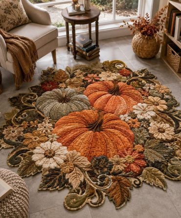 Autumn Pumpkin Scrollwork Custom-Shaped Area Rug — Elegant Fall Scroll Design, Durable Indoor Accent Rug, Low-Pile, Fade & Stain-Resistant, Multiple Sizes