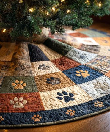Autumn Tracks Quilted Holiday Tree Skirt — Warm Earth-Tone Christmas Skirt, Cozy Rustic Seasonal Décor
