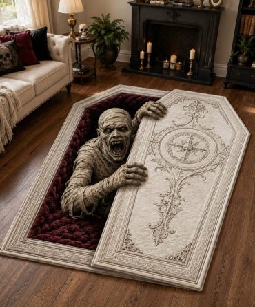 Awakened Mummy Coffin Shaped Rug - Horror-Themed Custom Floor Mat For Halloween Decor, Plush Non-Slip Statement Piece