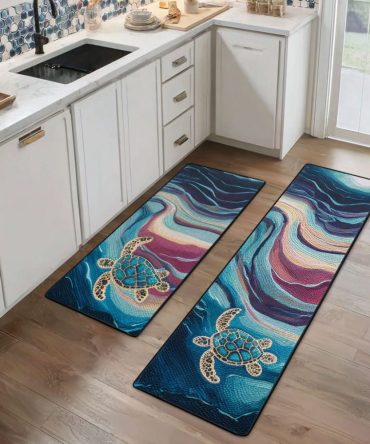Azure Sea Turtle Kitchen Runner - Bold Ocean Hues Microfiber Rug With Non-Slip Backing, Machine-Washable & Durable Style