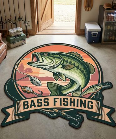 Bass Badge Emblem Rug — Distinctive Bass-Shaped Area Rug With Crest Design, Durable Low-Profile Pile, Non-Skid Backing, Perfect Gift For Fishermen