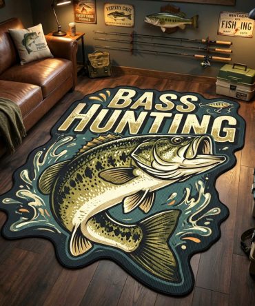 Bass Hunter Tactical Rug — Rugged Custom Bass-Shaped Area Rug For Anglers, Heavy-Duty Non-Skid Backing, Fade-Resistant Outdoor/Indoor Use