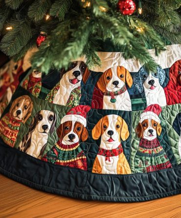 Beagle Christmas Tales Quilted Tree Skirt — Storybook Holiday Dog Design Quilted Christmas Tree Skirt For Pet Lovers
