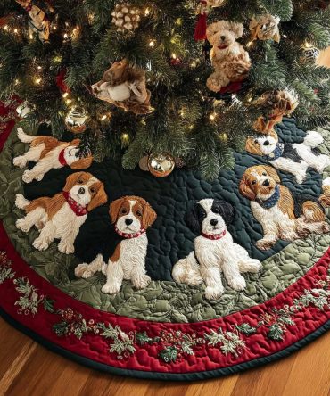 Holly Deck Quilted Beagle Tree Skirt — Festive Holly & Beagle Design, Premium Quilted Holiday Base For Cozy Seasonal Styling