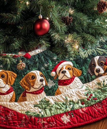 Beagle Joy Parade Quilted Christmas Tree Skirt - Festive Dog Parade Design, Quilted Base Cover, Soft-Backed And Machine-Friendly