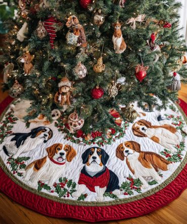 Beagle Noel Aura Quilted Christmas Tree Skirt — Premium Holiday Tree Base Decor, Soft Quilting, Festive Accent For Home & Gifts