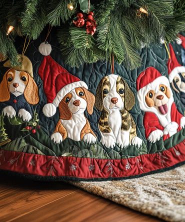 Beagle Snow Day Quilted Christmas Tree Skirt - Playful Winter Dog Scene Tree Base Cover, Plush-Lined And Easy-Care
