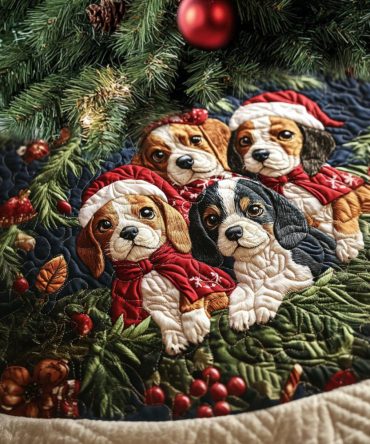 Beagle Starry Night Quilted Christmas Tree Skirt - Night Sky Dog Motif Tree Base Cover, Soft Fleece Backing, Holiday Accent