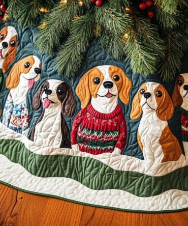 Beagle Winter Whimsy Quilted Christmas Tree Skirt - Cozy Dog-Themed Holiday Base Cover, Soft Backing, Easy Care