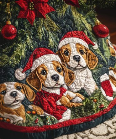 Beagle Wonderland Quilted Tree Skirt - Whimsical Christmas Tree Base Cover With Dog Motifs, Cozy Lined, Durable Holiday Décor
