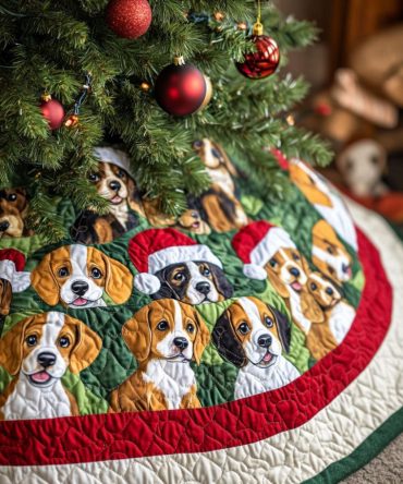 Beagle In The Pines Quilted Christmas Tree Skirt - Woodland Dog Holiday Base Cover, Soft Backing, Rustic Seasonal Décor