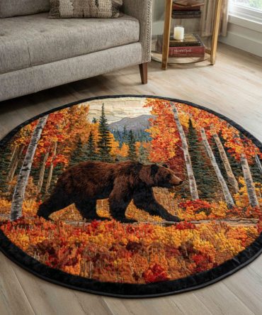 Autumn Forest Bear Round Rug - Rich Fall Palette Circular Area Rug, Soft Brushed Pile, Non-Slip, Great For Living Rooms & Cabins