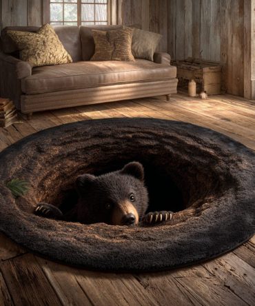 Cave Explorer Bear Round Rug - Adventure-Themed Circular Area Rug, Durable Low-Pile, Easy-Clean Surface, Perfect For Playrooms & Dens